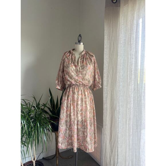 Strait Lane Womens 16 Dress Beige Pink Floral Puff Sleeve Button Front Boho Midi - Picture 1 of 2